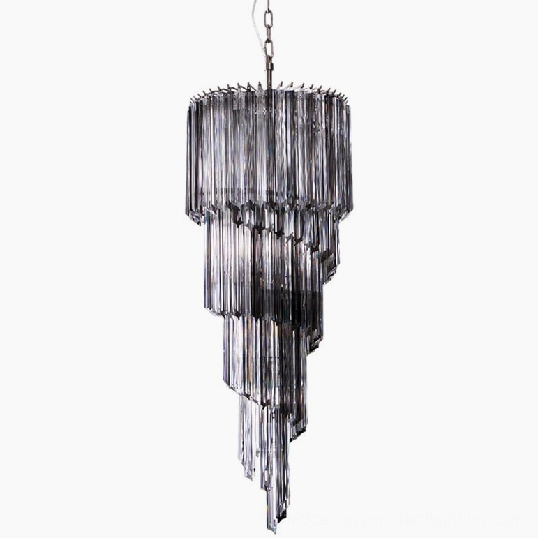 Noir spiral chandelier smoked glass tiers in multiple sizes, scale variation display with metal finishes