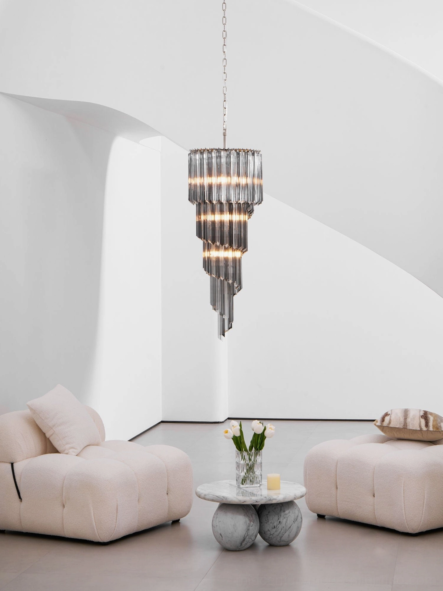 Noir spiral chandelier full suspension view, mid-century modern design with tiered glass configuration