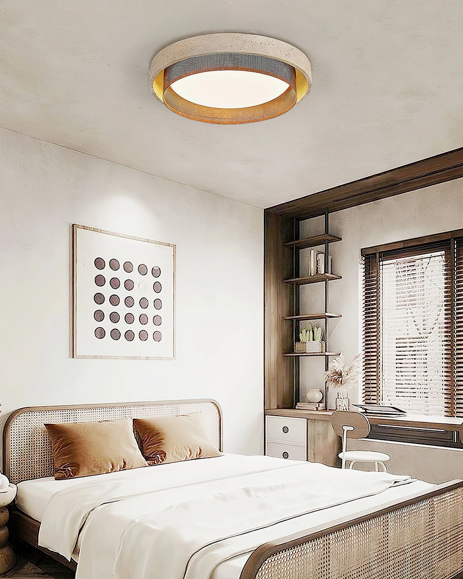 Travertine ceiling light with metal accent in boho minimalist bedroom with rattan furniture