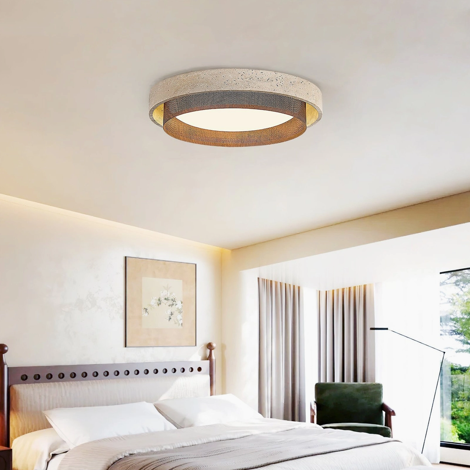 Nolan modern ceiling fixture in minimalist sunlit bedroom with neutral color palette