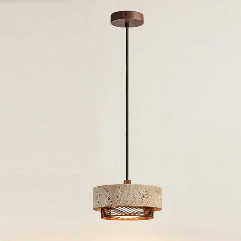 Single Nolan travertine pendant light 1-light model, unfinished stone shade with natural geological patterns, bronze metal trim