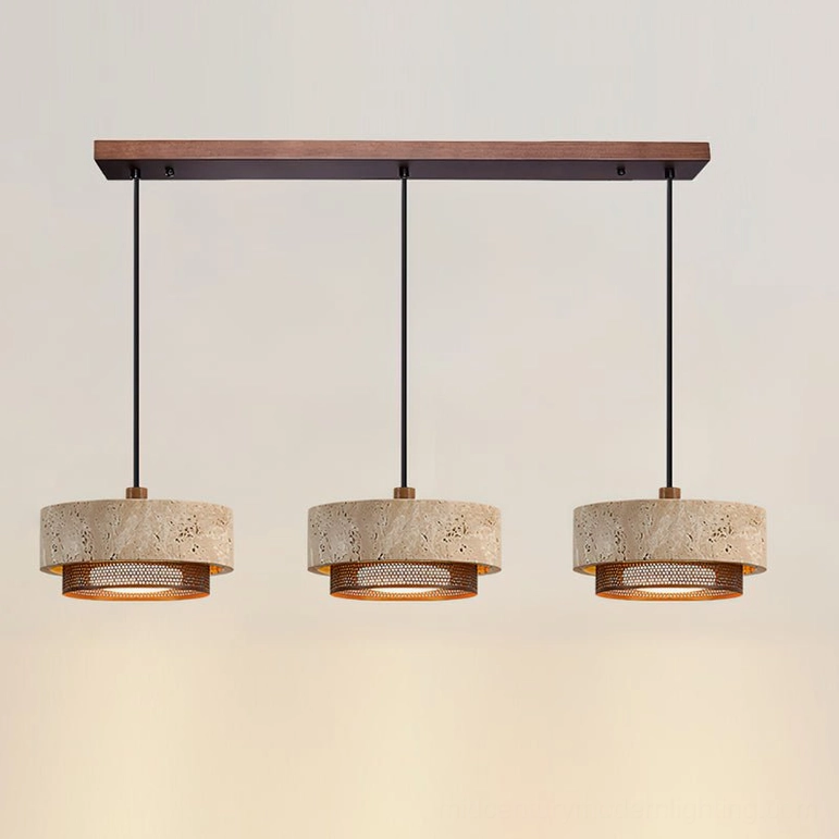 Nolan 3-light pendant configuration, multiple travertine shades with bronze perforated trim arranged for dining room or kitchen installation