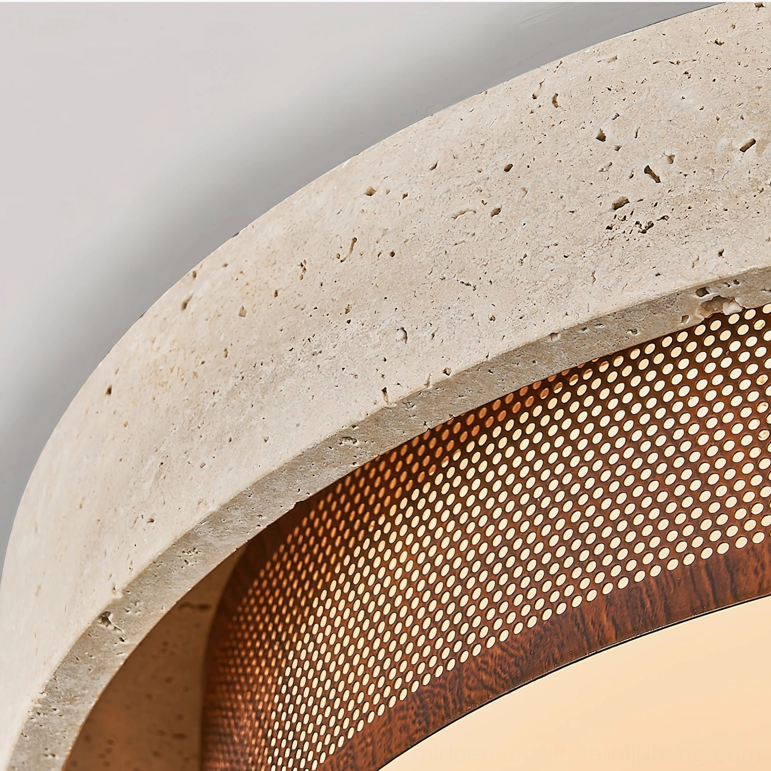 Contemporary travertine ceiling fixture with integrated LED warm light in modern living space