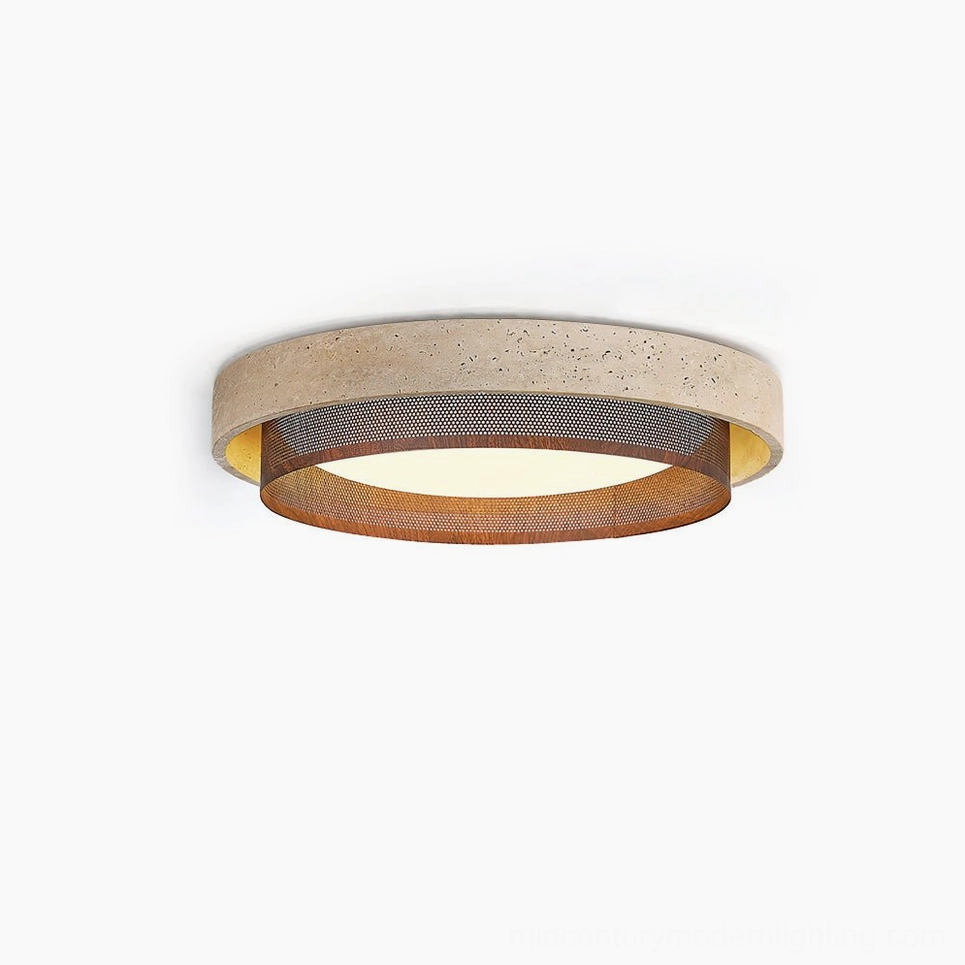 Nolan modern travertine ceiling light with perforated metal accent ring front view on white background