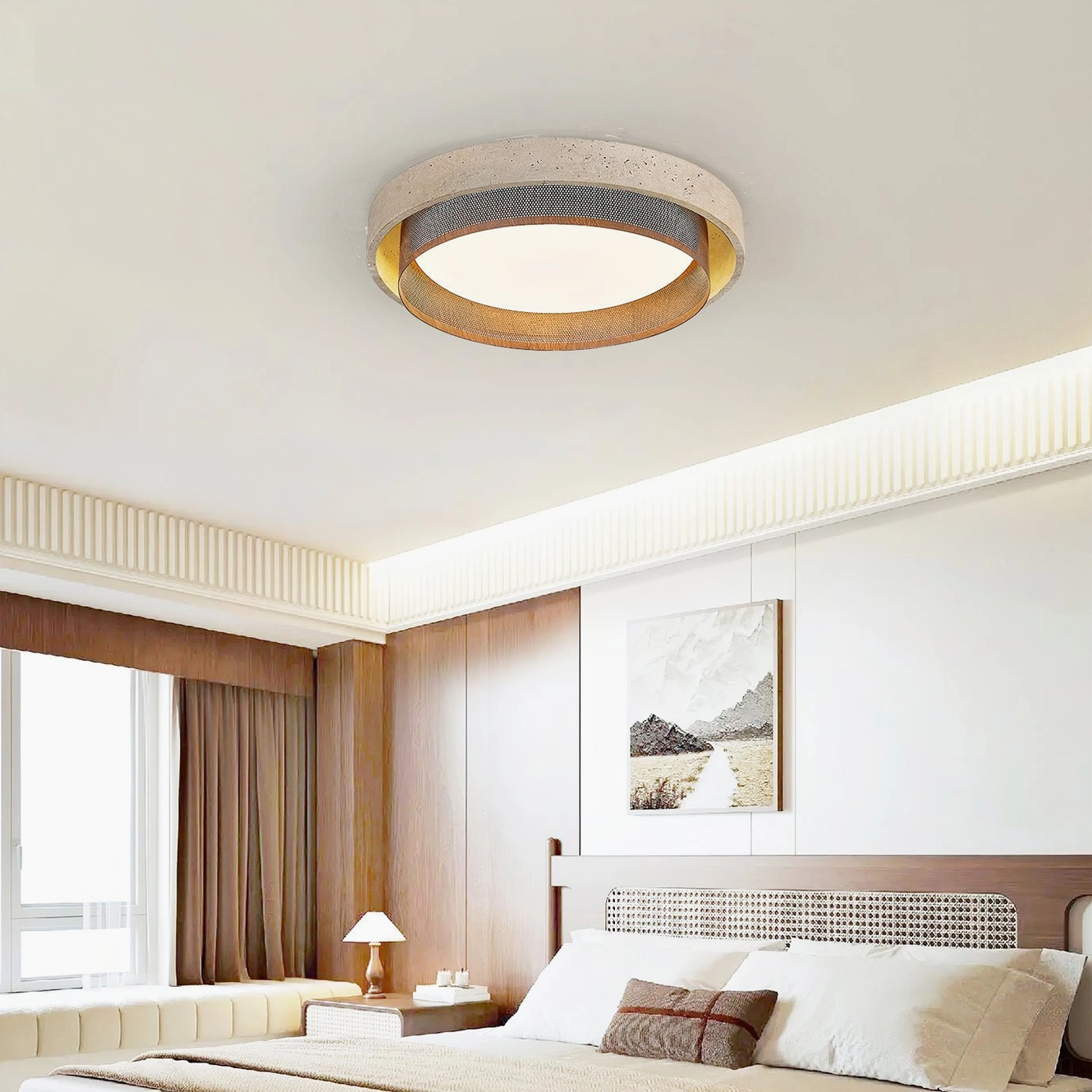 Contemporary travertine ceiling light in luxury bedroom with rustic wood furniture and warm home styling