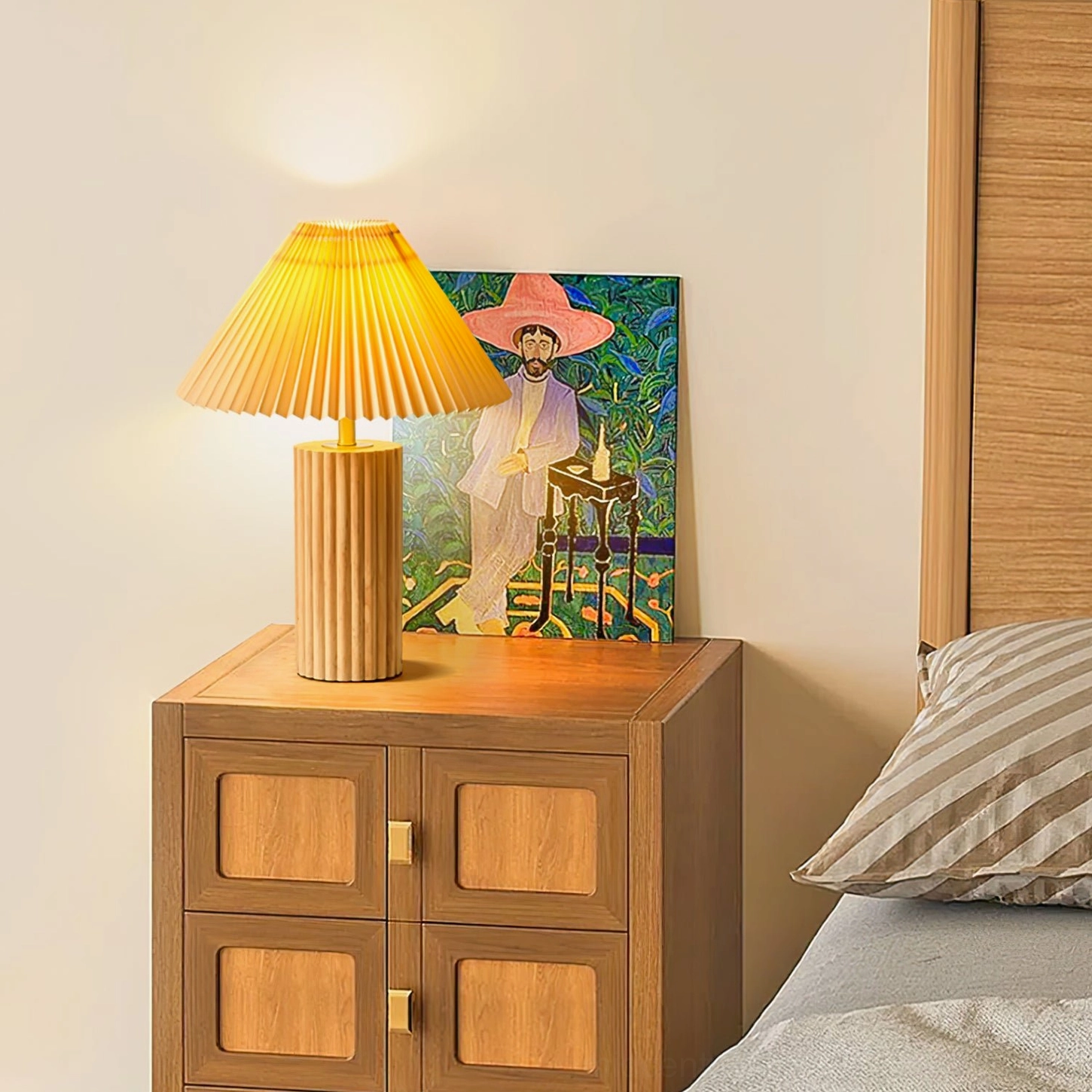 Nora modern table lamp styled on bedroom nightstand with wooden furniture and natural decor