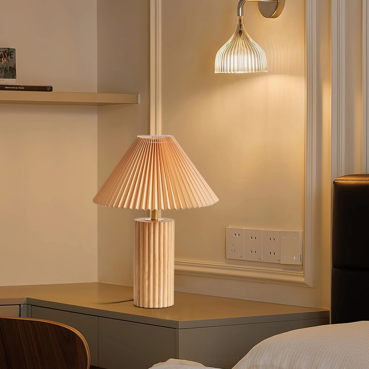 Nora mid-century modern table lamp in minimalist bedroom with wall pendant and wooden accents