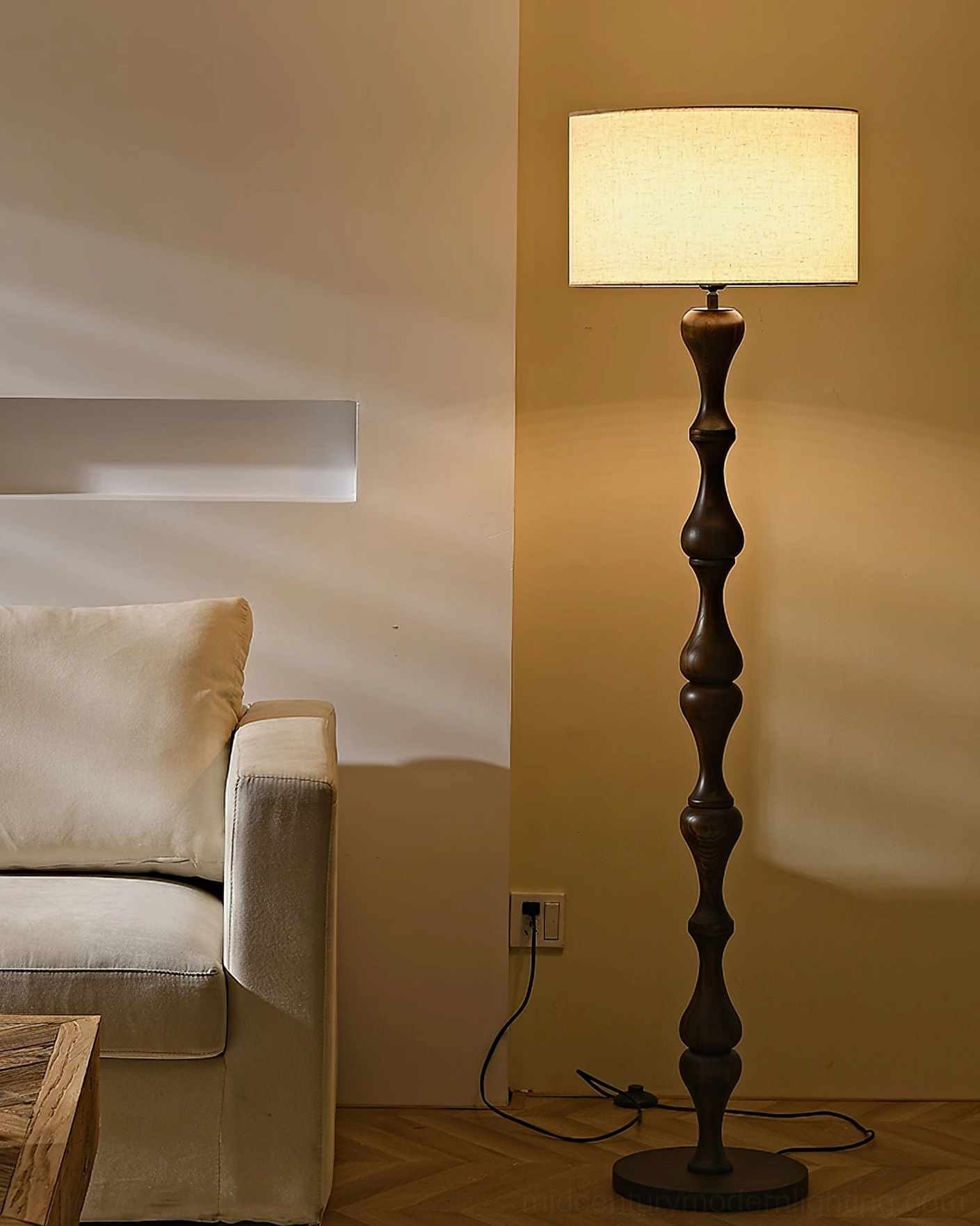 Norden floor lamp three finishes comparison, Black Walnut and White color options display