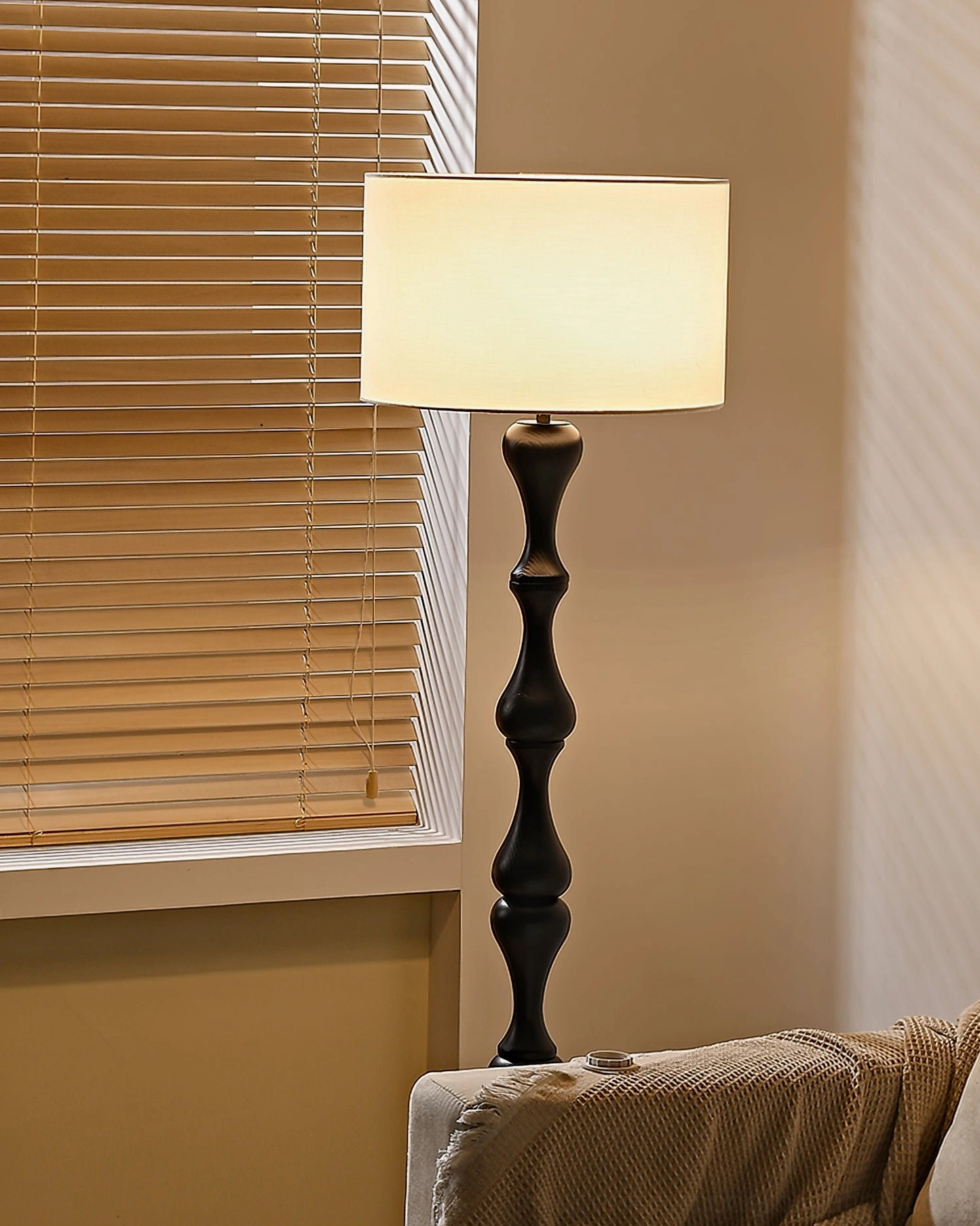Norden carved wooden floor lamp foot switch control, easy on-off operation for ambient lighting