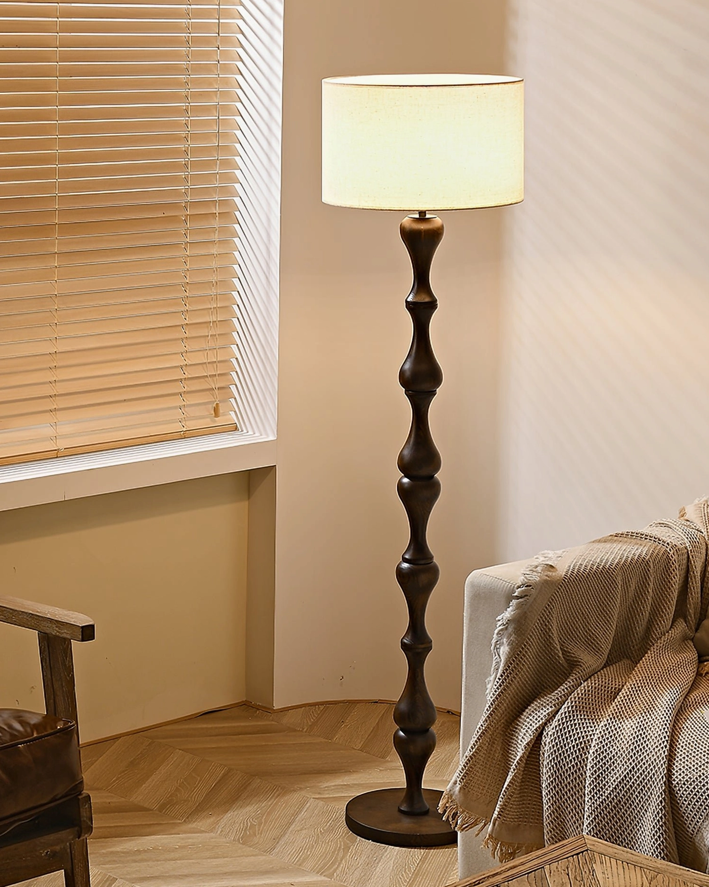 Norden wooden floor lamp in living room corner, vintage-inspired ambient lighting for reading space