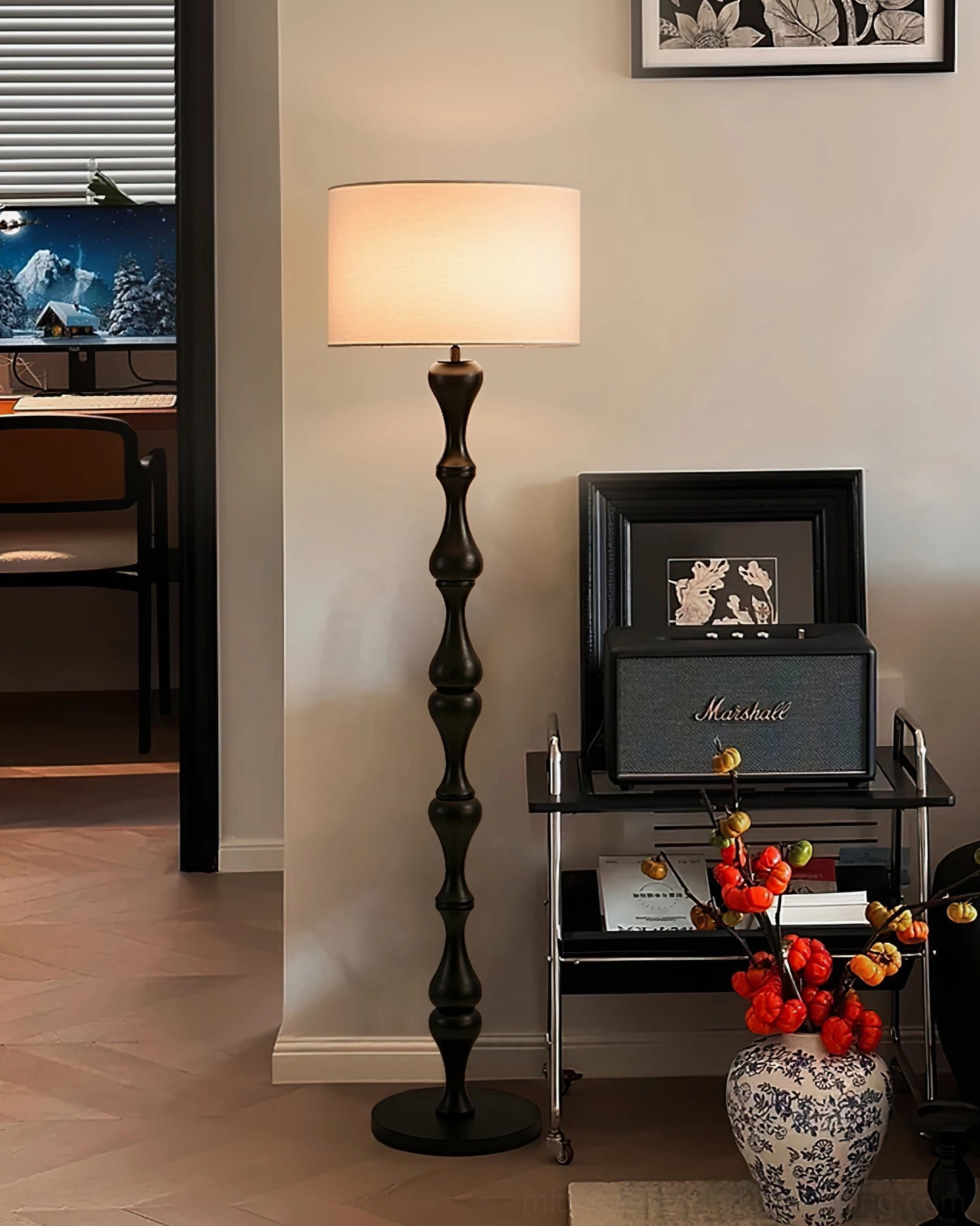 Norden standing lamp with carved wood detail, minimalist Scandinavian mid-century modern style