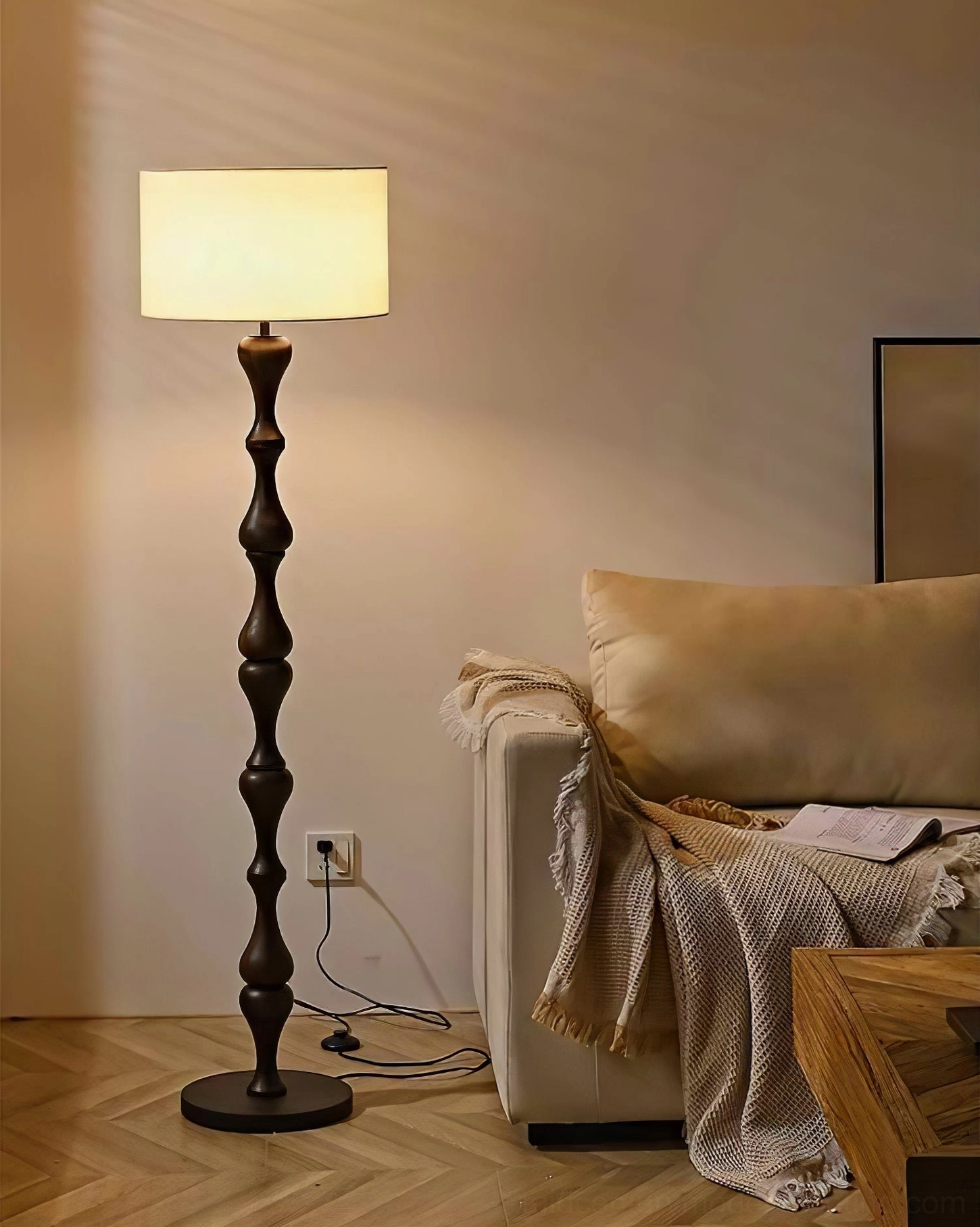 Norden sculptured wood floor lamp, hand-carved mid-century modern design with fabric diffuser
