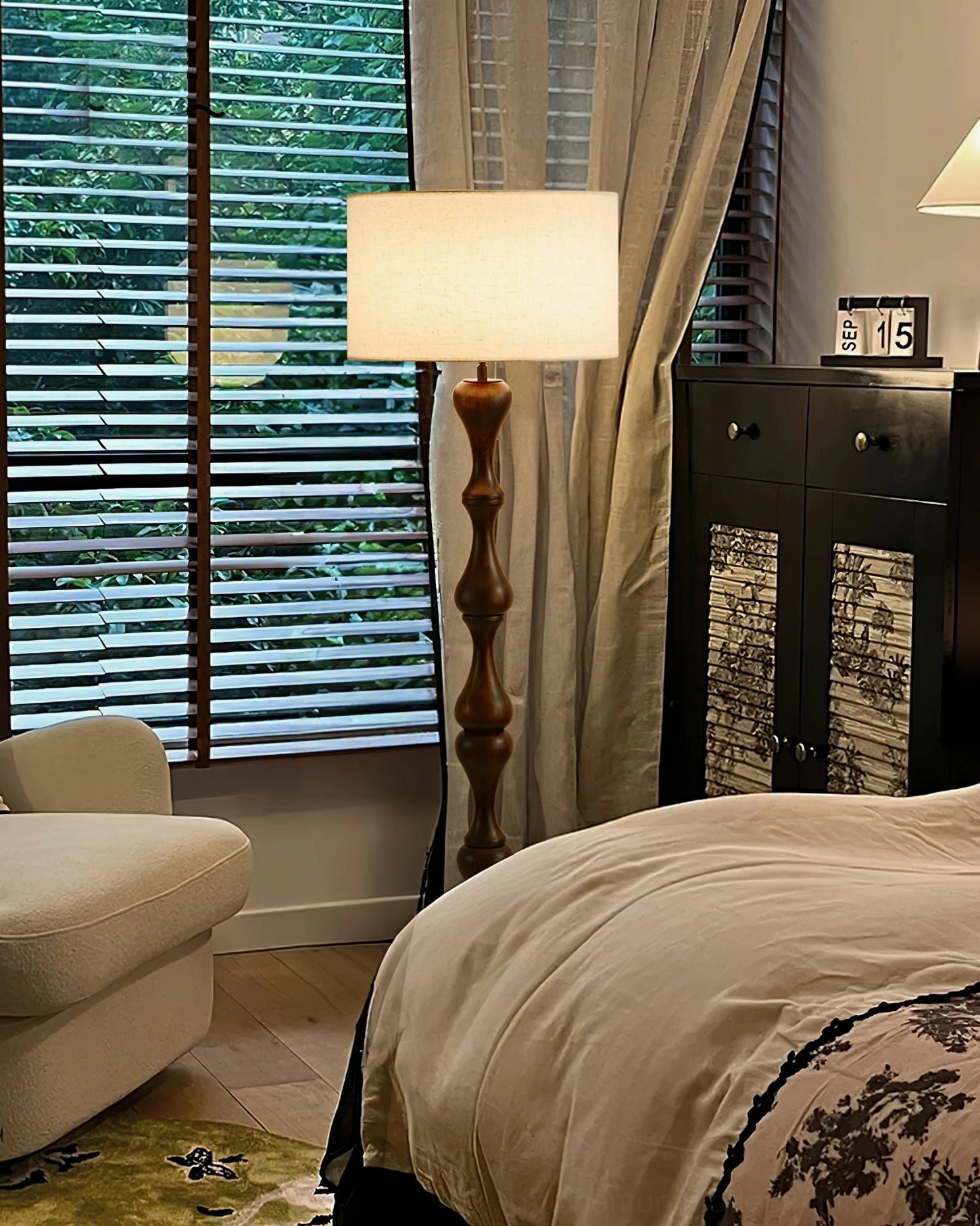 Norden floor lamp Walnut finish in interior design context, contemporary eclectic home styling
