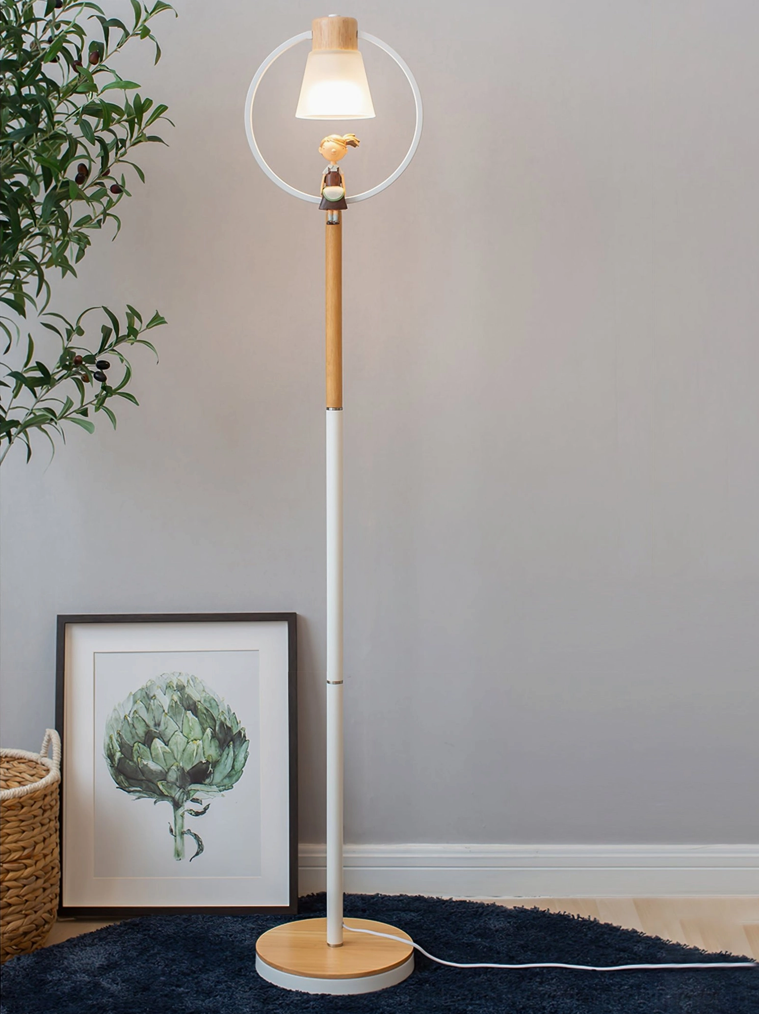 Nordic minimalist arc floor lamp with potted plant and modern wall art in living room scene
