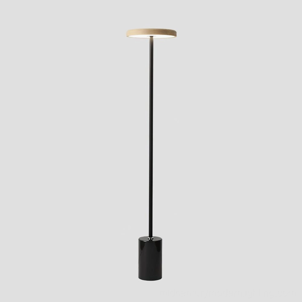 Minimalist tall floor lamp with wood accent base on white studio background, sleek black metal pole with flat round lamphead, Scandinavian design
