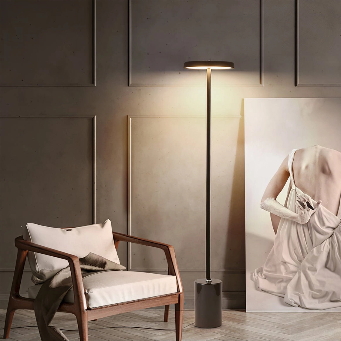 Contemporary floor lamp beside wooden armchair, warm accent lighting in minimalist modern home interior, mid-century design