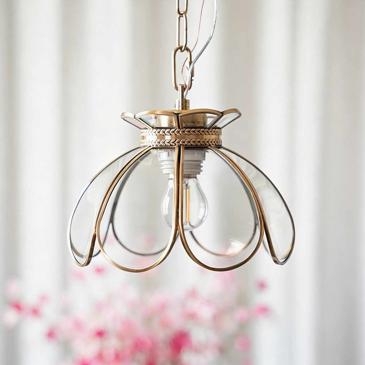 Close-up frontal view of Odette clear glass pendant with exposed bulb and brass decorative metal collar