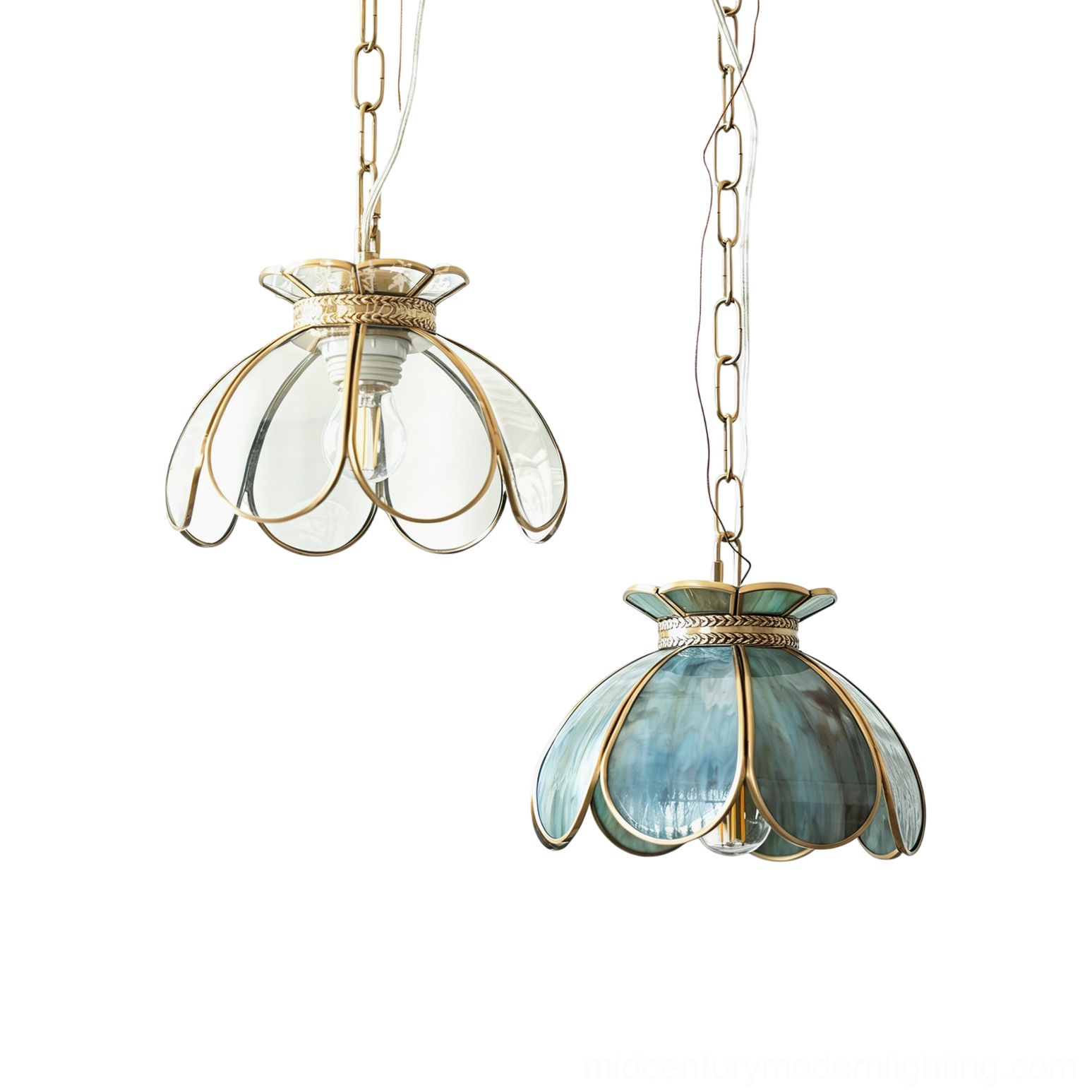 Odette handcrafted lotus glass pendant light featuring scalloped glass petals, brass filigree collar, bohemian vintage design