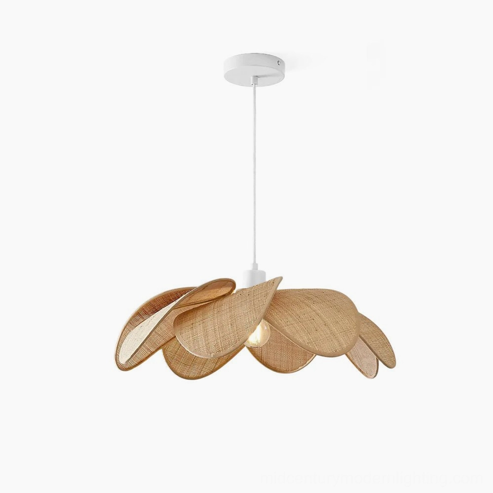 Odilia rattan pendant light front view, natural woven structure, warm golden tones, studio photography showing design details and craftsmanship