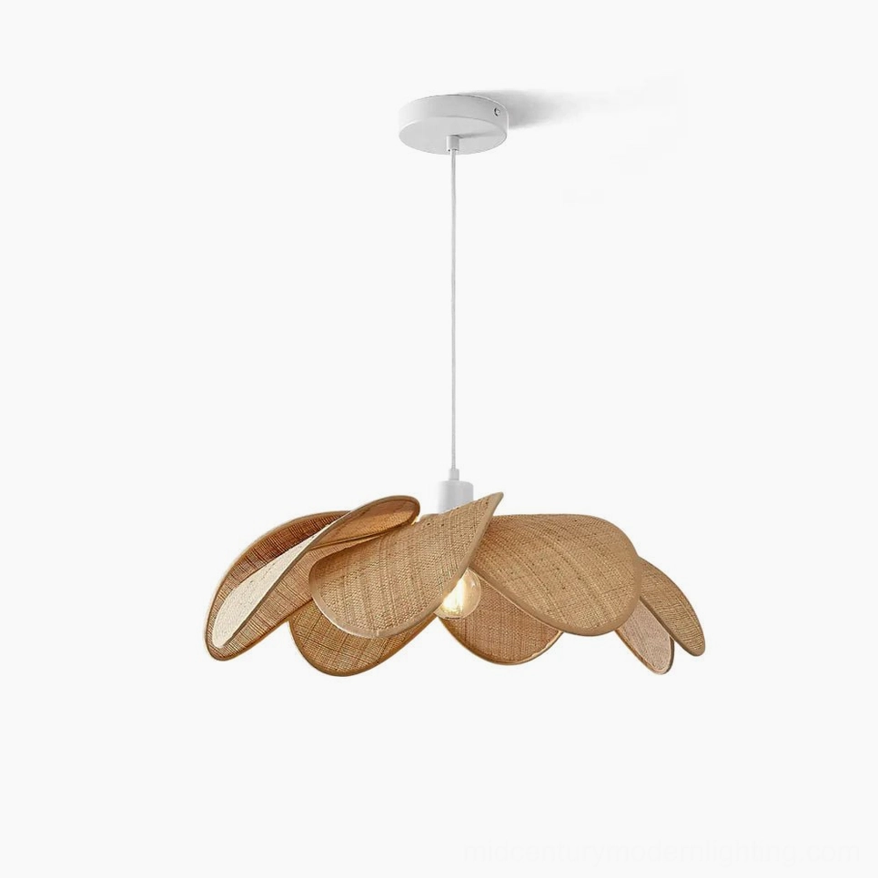 Odilia handwoven rattan pendant light with layered petal design, natural bohemian finish, overhead studio view showing full sculptural form