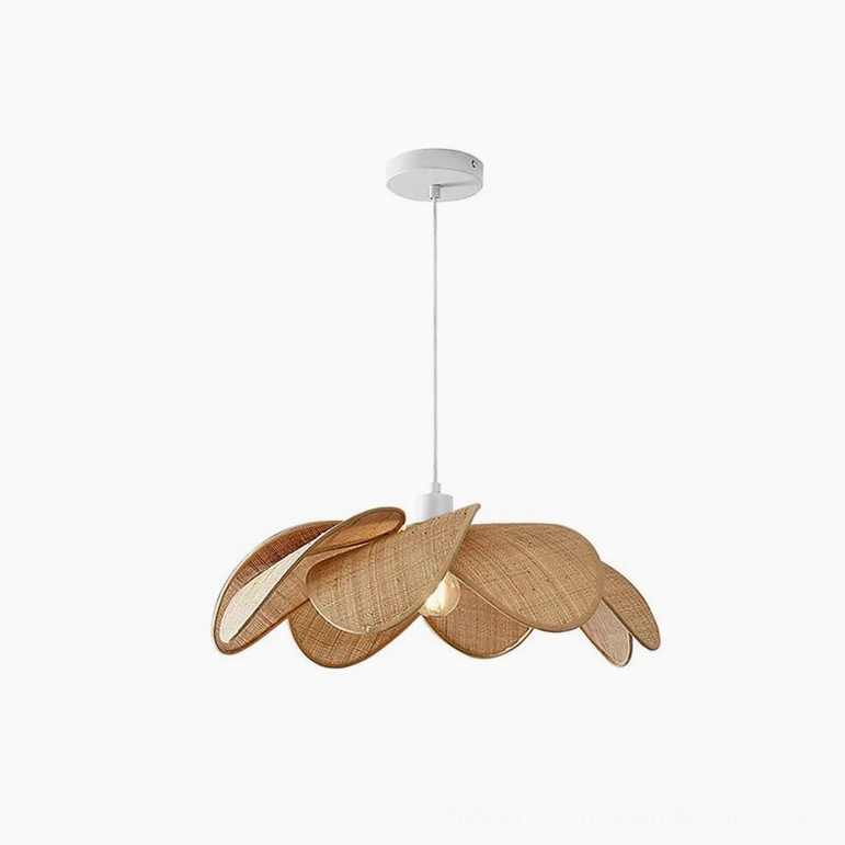 Odilia small 50cm rattan pendant light, handwoven natural rattan, plain white studio background, showing compact size and petal arrangement
