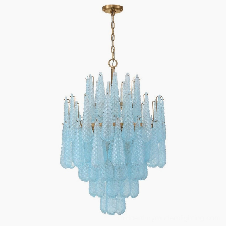 Ollie teardrop chandelier in soft blue glass with warm gold metalwork, frontal white background view