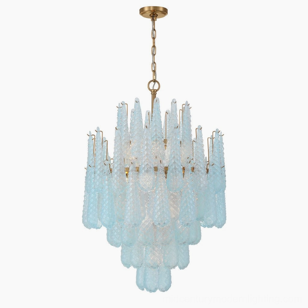Ollie tiered teardrop chandelier showing brushed gold metal framework supporting cascading glass drops