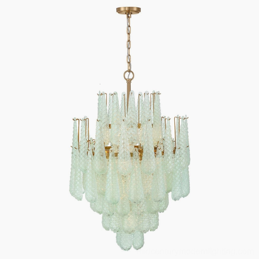 Ollie teardrop glass chandelier in clear frosted glass, Murano-style textured drops on gold metal frame