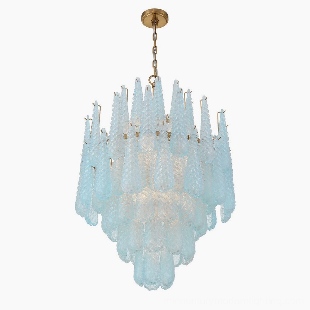 Ollie clear teardrop chandelier with multiple tiers showing complete fixture scale and proportion design