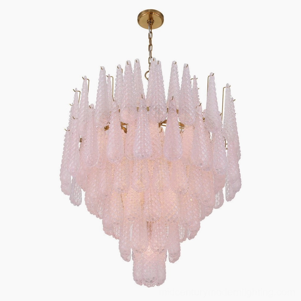 Ollie chandelier with all four color variations displayed together: clear, green, blue, and pink teardrop glass