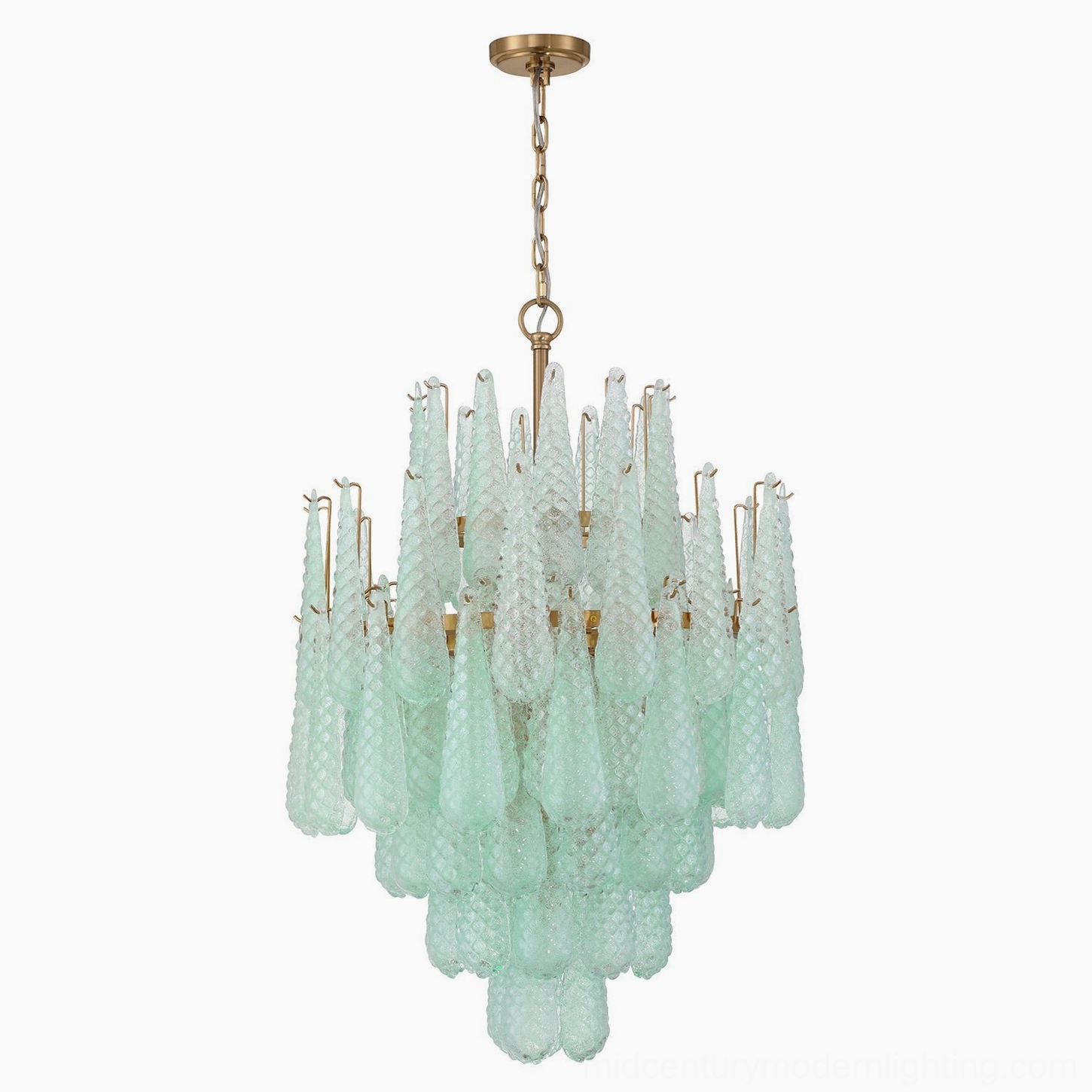 Ollie compact teardrop chandelier in mint green glass with brushed gold hardware, white background