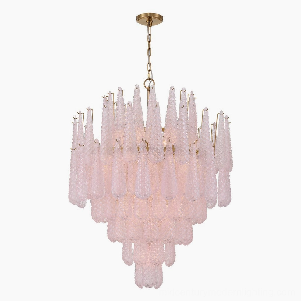 Ollie chandelier detail showing individual hand-textured glass teardrop shades and metal suspension hardware