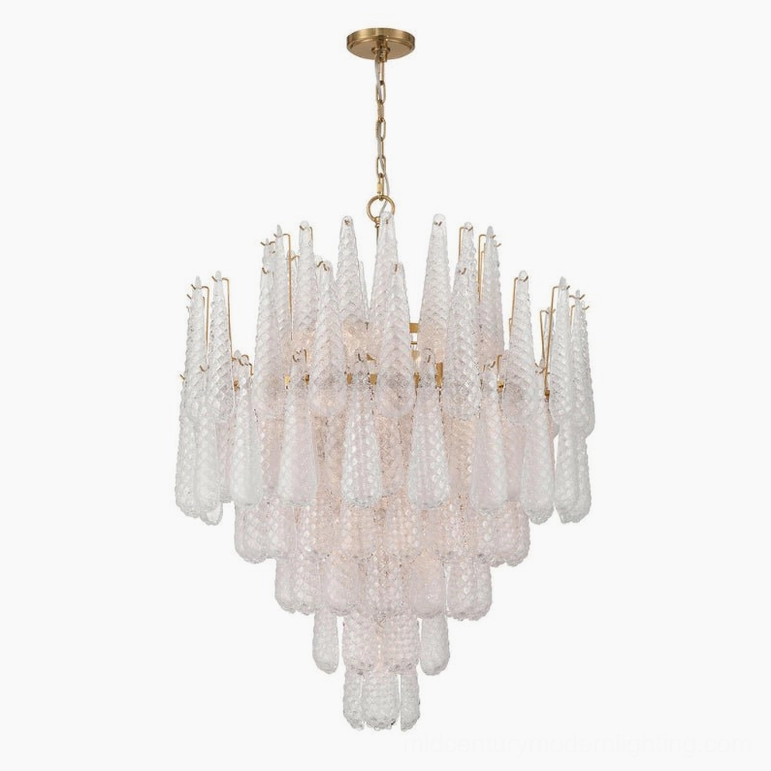Ollie large 33-inch teardrop chandelier in clear frosted glass with full tiered cascade structure
