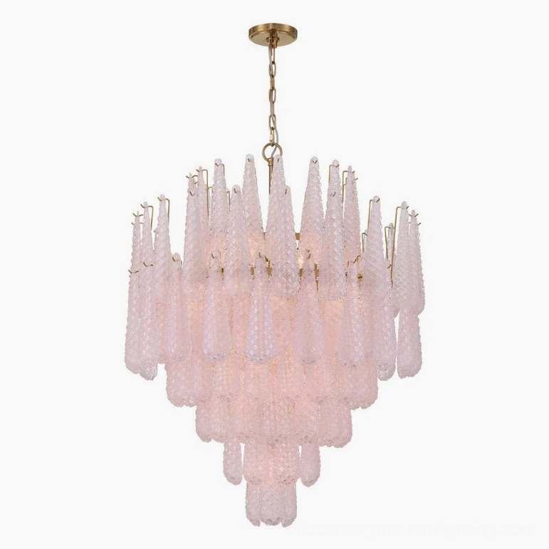 Ollie large teardrop chandelier in blush pink glass with brushed gold frame, luxury installation