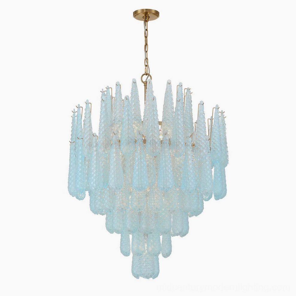 Ollie Murano-style teardrop chandelier in clear glass showing mid-century modern design heritage