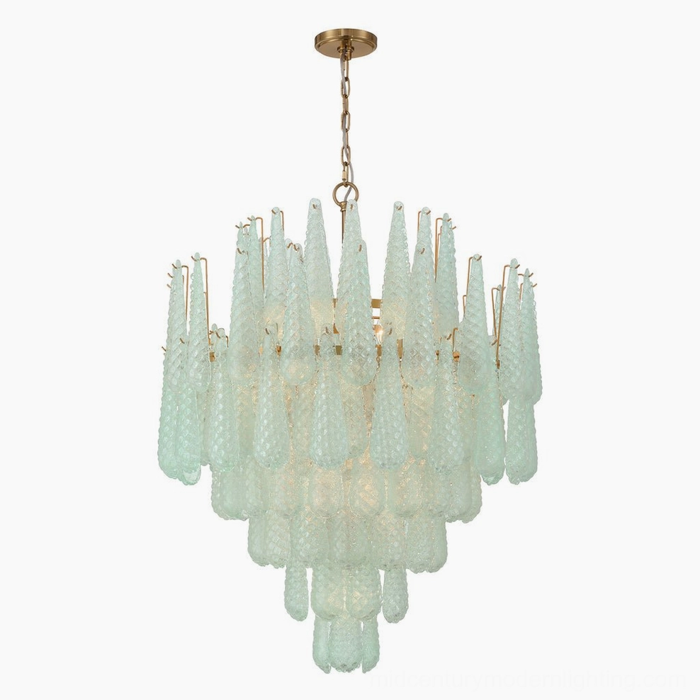 Ollie tiered teardrop chandelier in pale light green glass with layered frosted glass shades