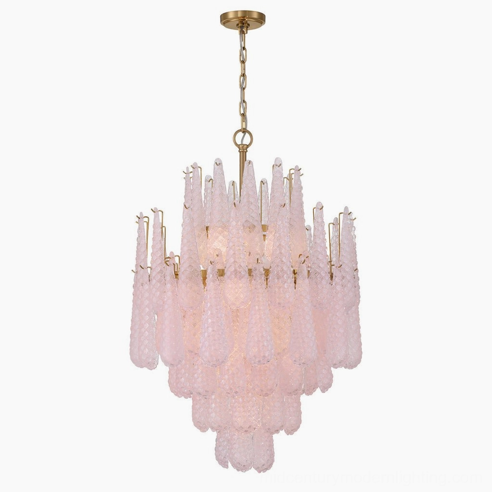 Ollie small size teardrop chandelier in blush pink glass with brushed gold hardware, white background