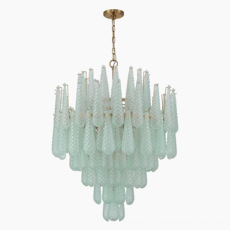 Ollie medium-large teardrop chandelier in sage green glass with tiered cascade design and gold frame