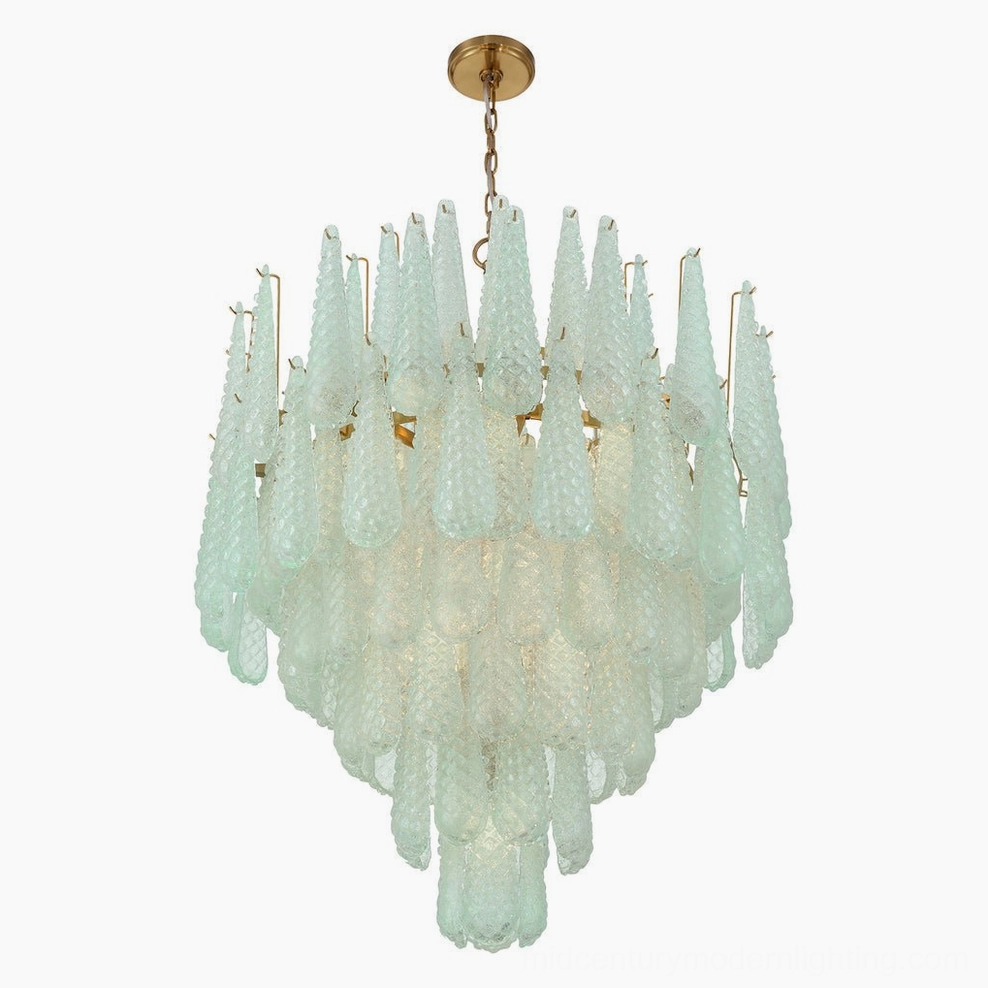 Ollie teardrop chandelier lighting effect showing refracted and diffused warm light through frosted glass