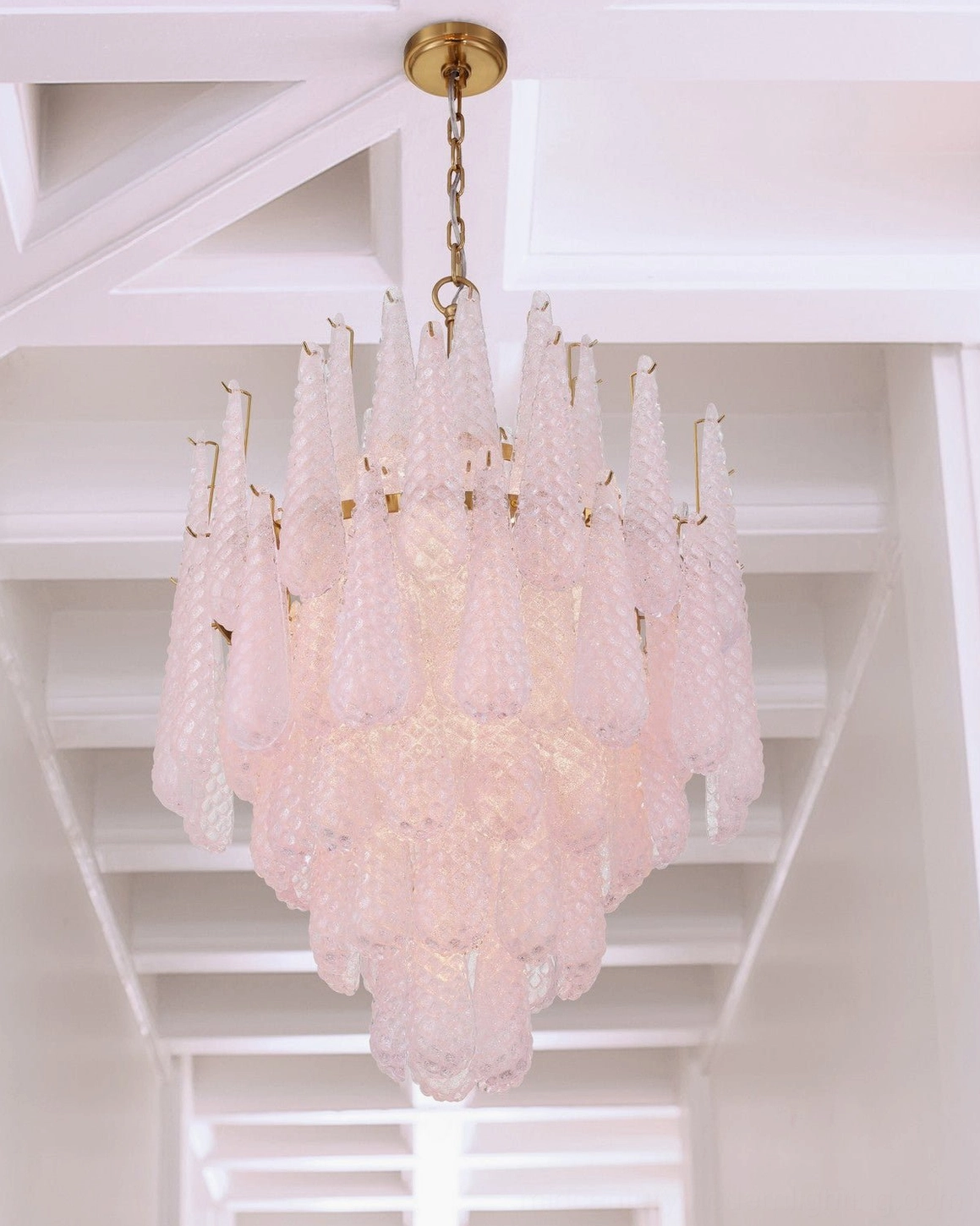 Ollie tiered teardrop glass chandelier detail view showing descending cascade architecture and glass texture