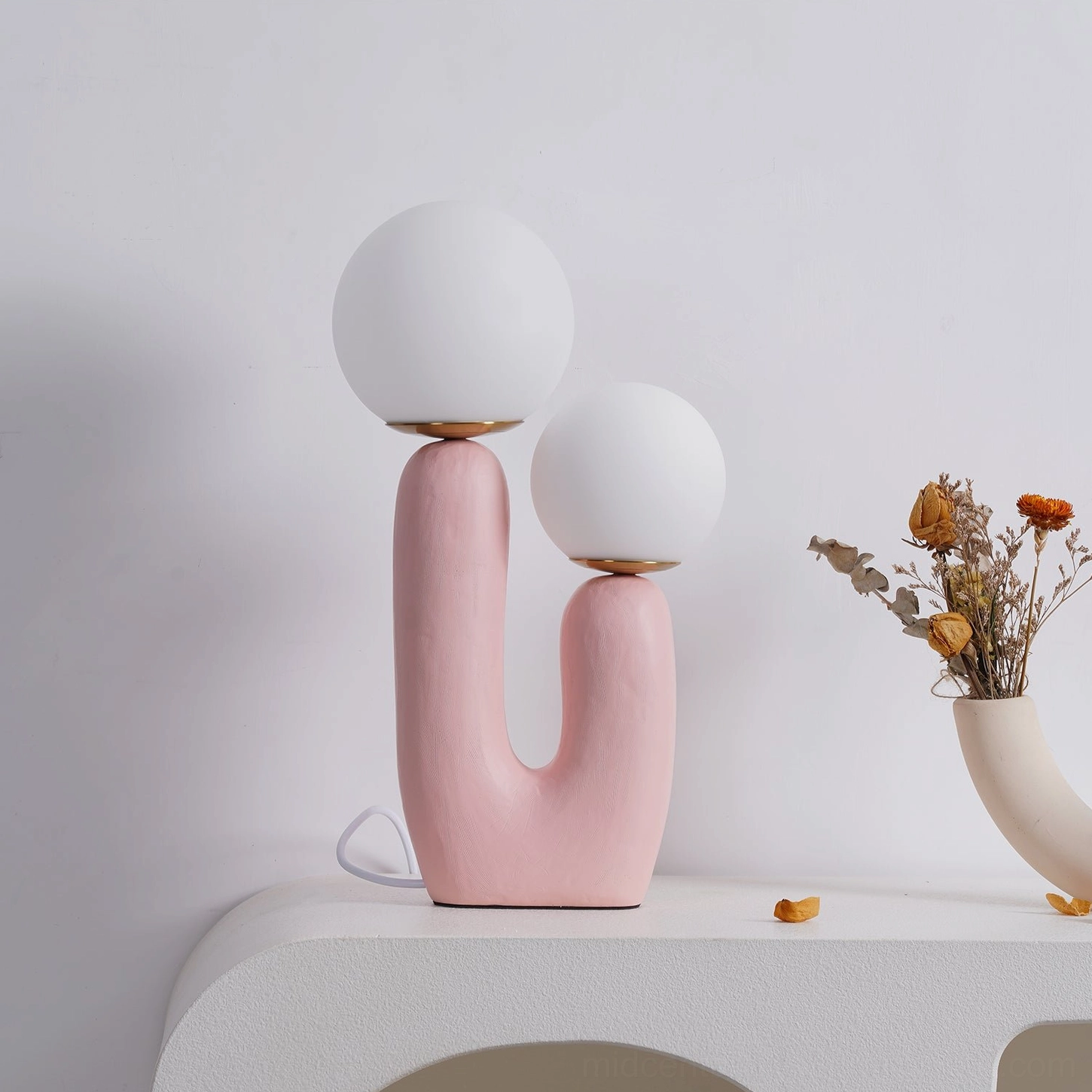 Oo pink ceramic table lamp unlit frosted glass shades minimalist interior