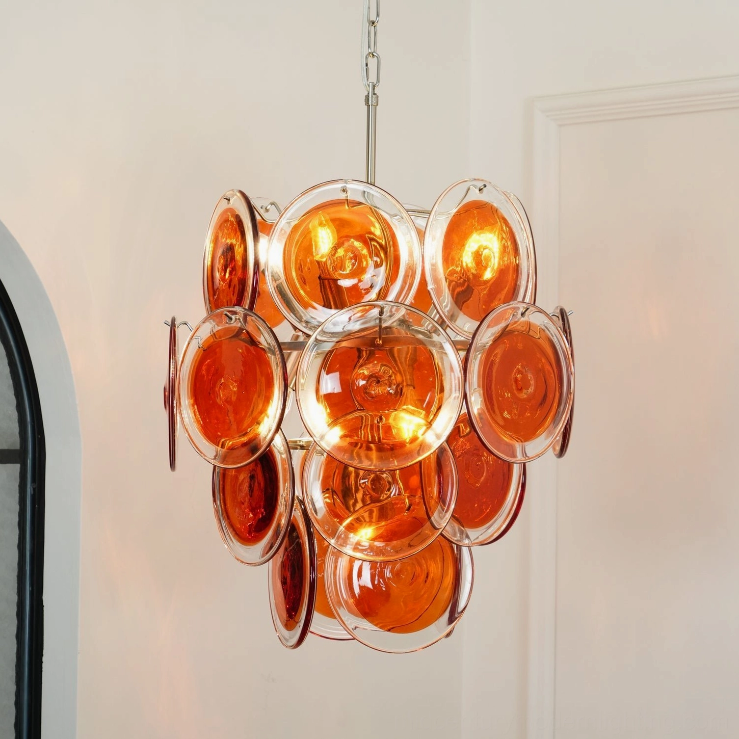 Orange disc Murano chandelier sculptural glass lighting mid-century modern