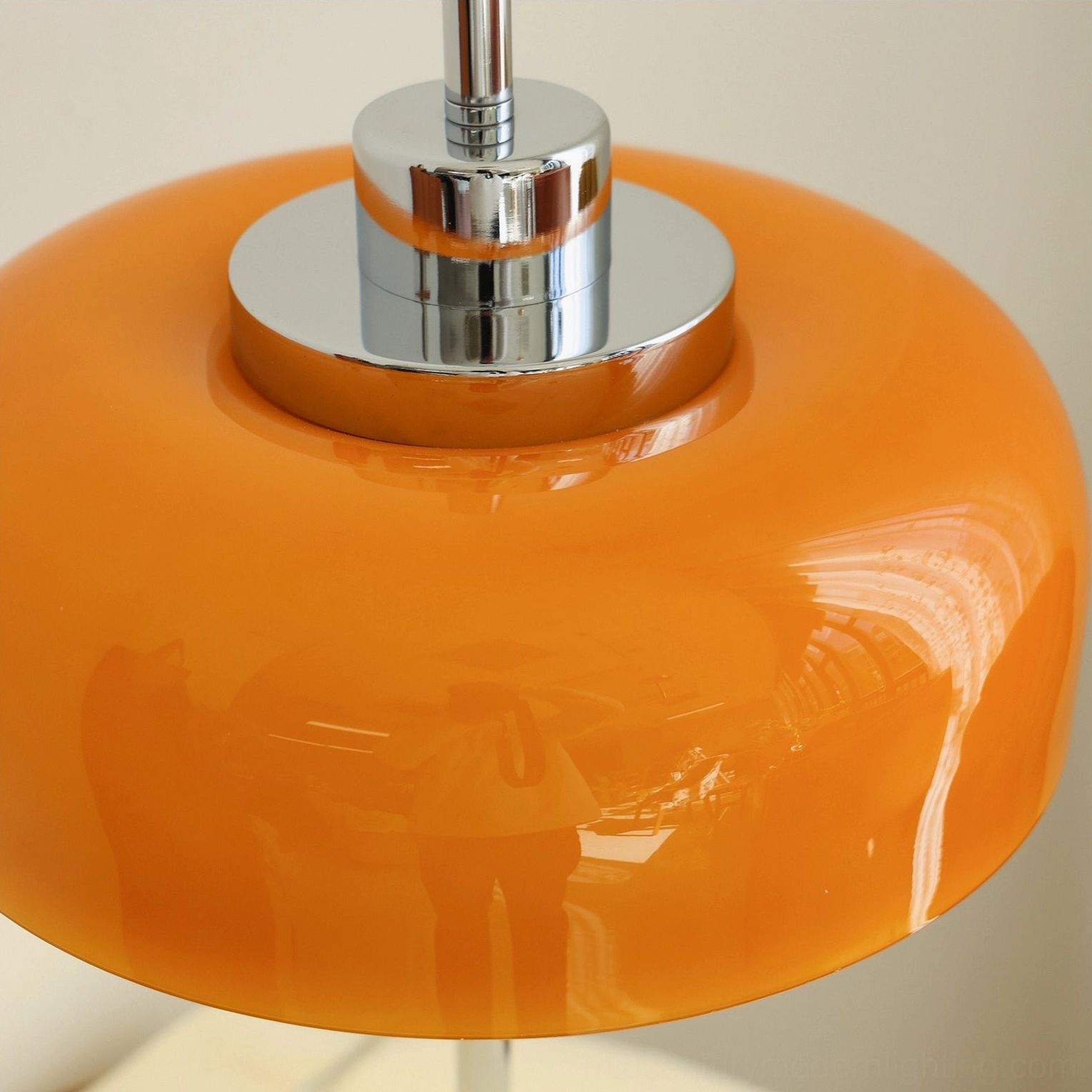 Vintage-inspired orange dome lamp measuring 30cm diameter x 60cm height with scale reference
