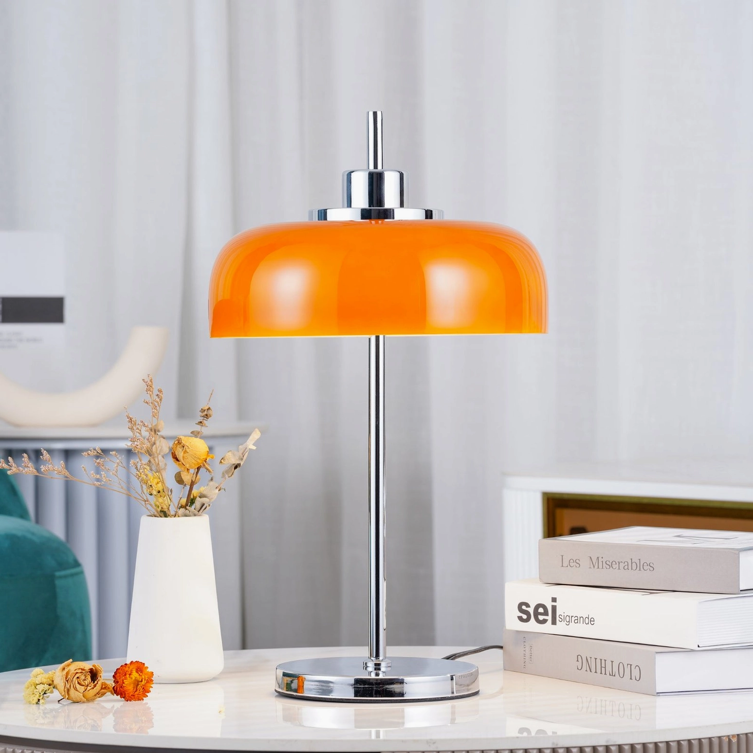Retro orange table lamp shade showing craftsmanship and glass dome construction - technical detail