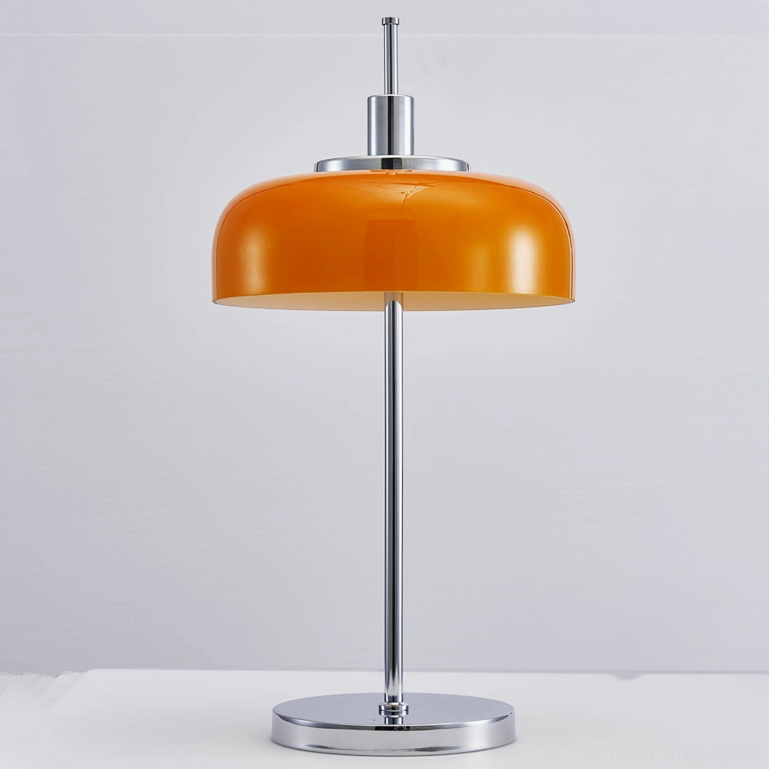 Burnt orange retro table lamp complete assembly with integrated LED light source illuminated