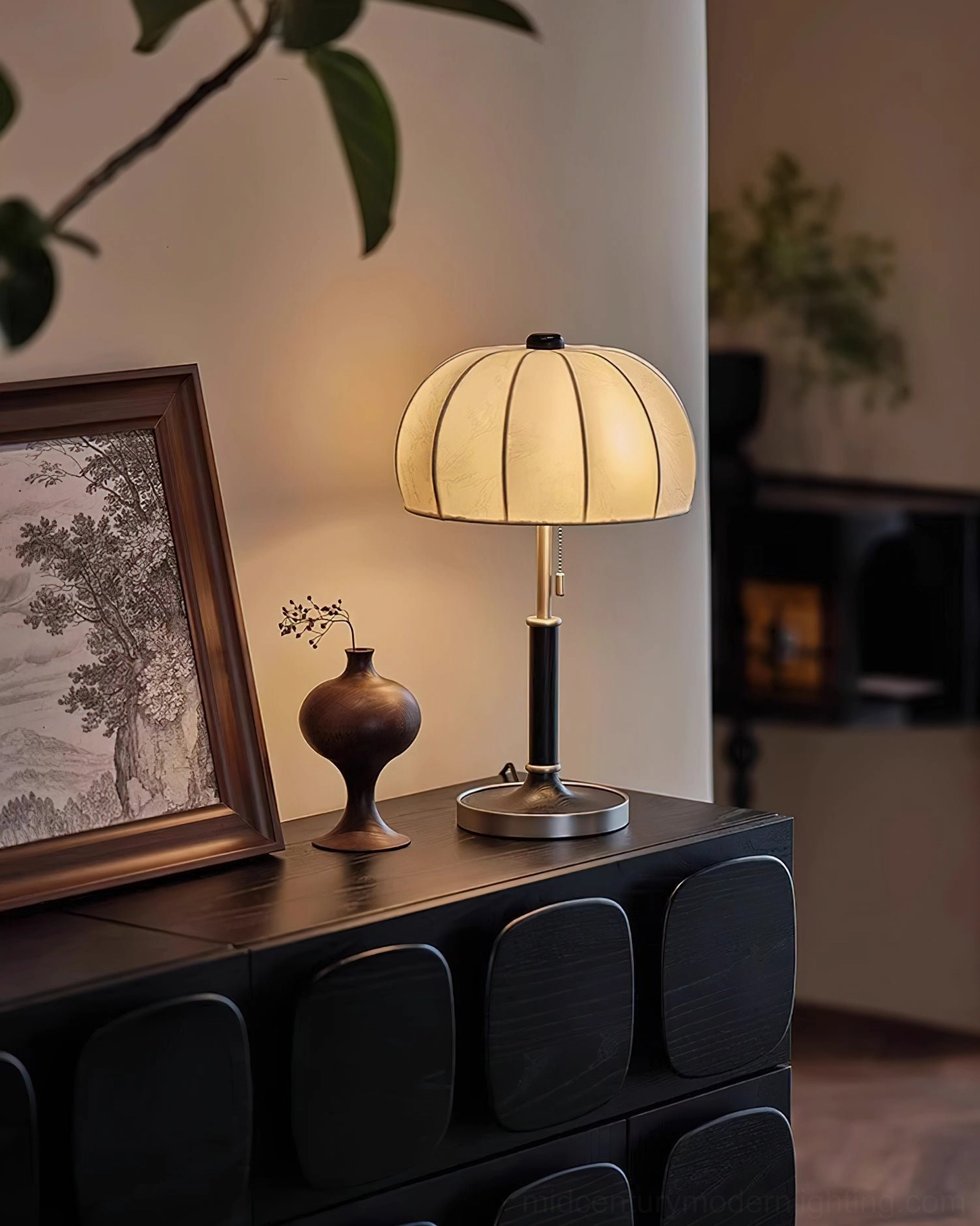 Orchid table lamp with metal pole base detail showing mid-century modern construction