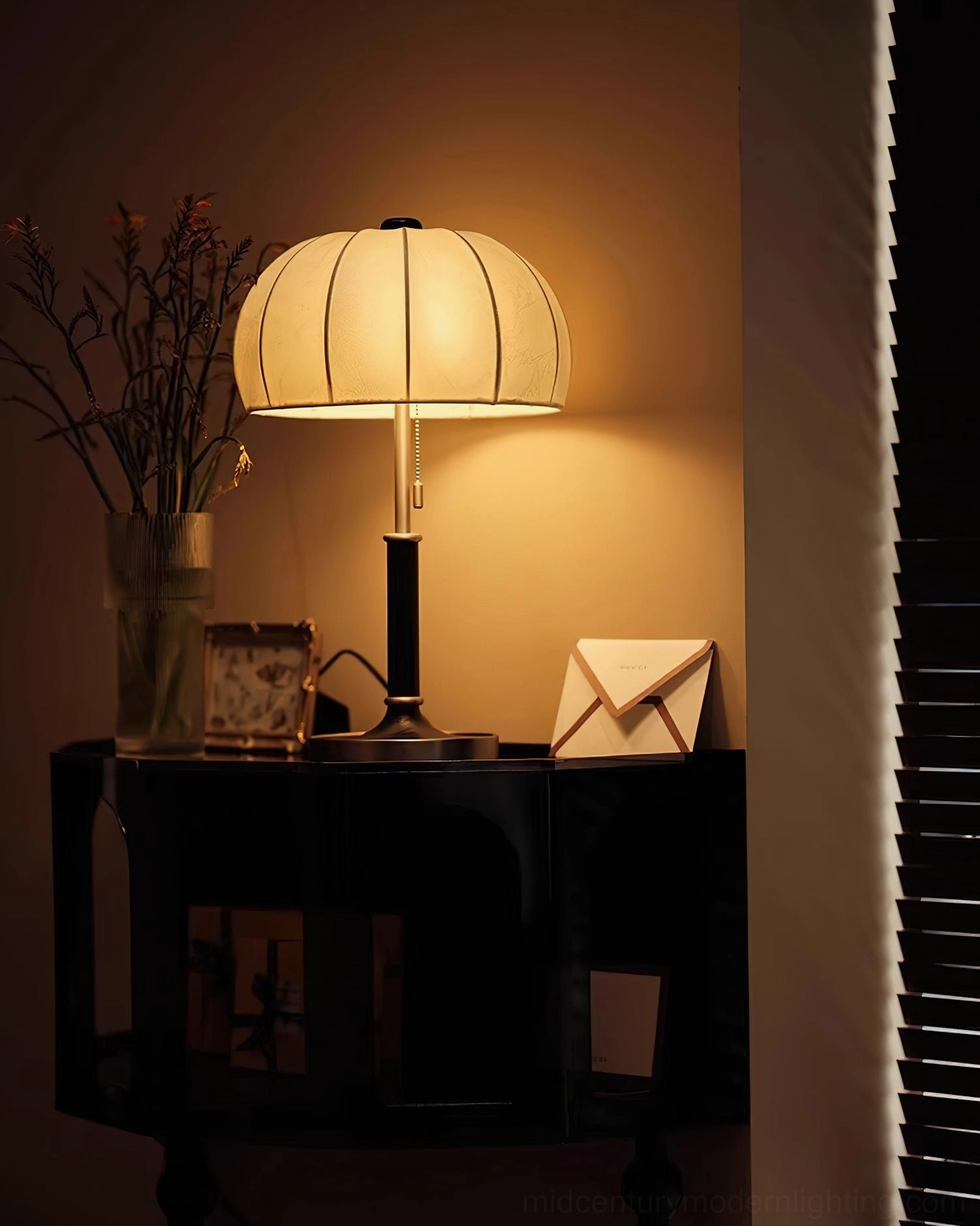 Orchid fabric table lamp full view in contemporary interior setting with warm lighting