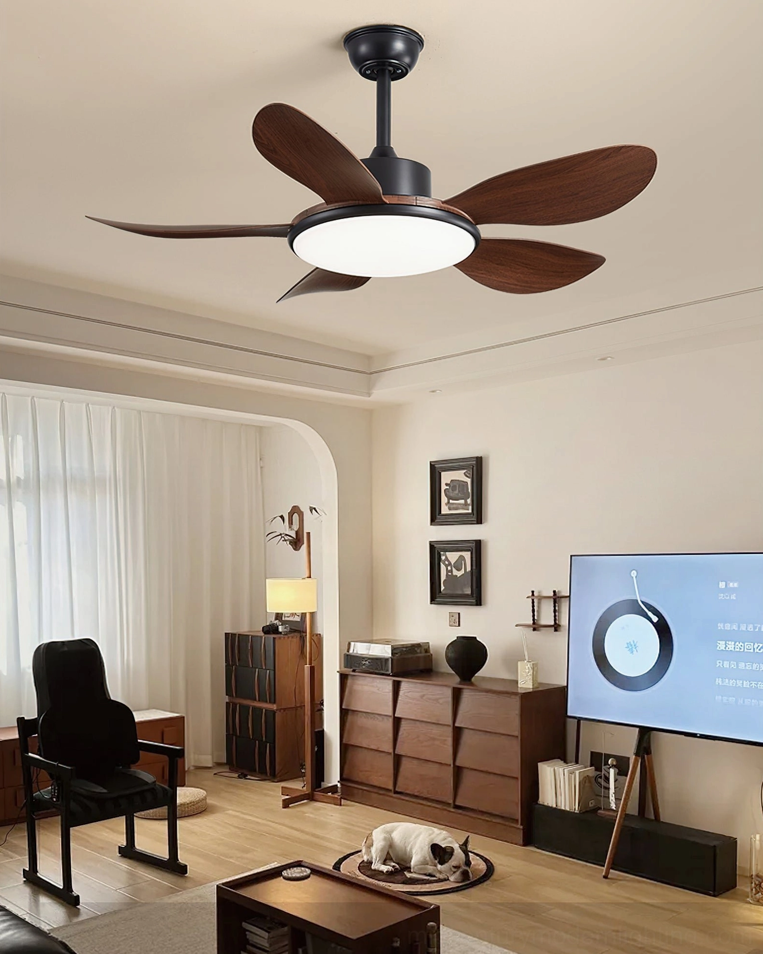 Modern ceiling fan with integrated LED in contemporary home entertainment space - brown wooden blades with black frame