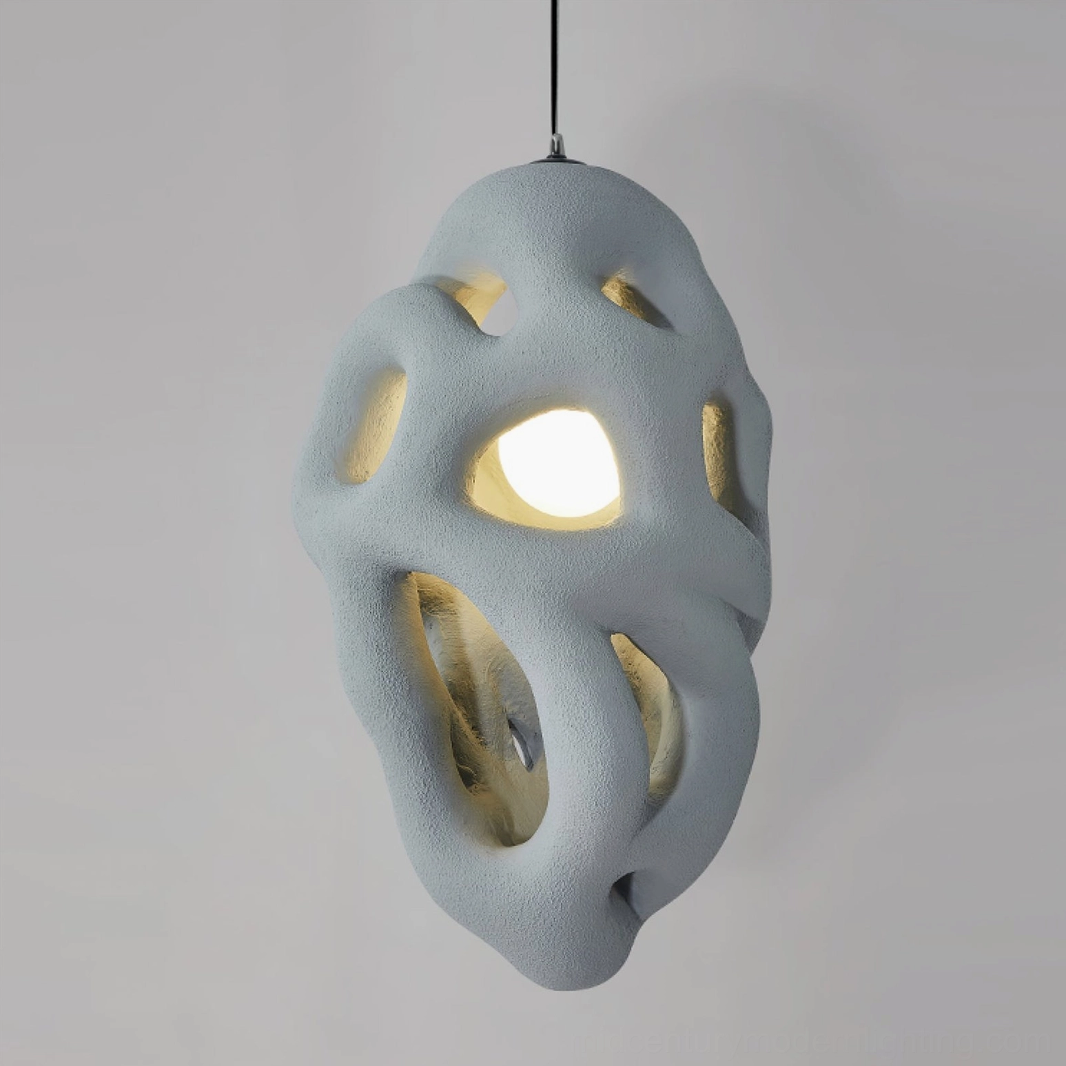 Organic nest pendant lamp detail showing intricate porous honeycomb structure, biomimetic pendant design