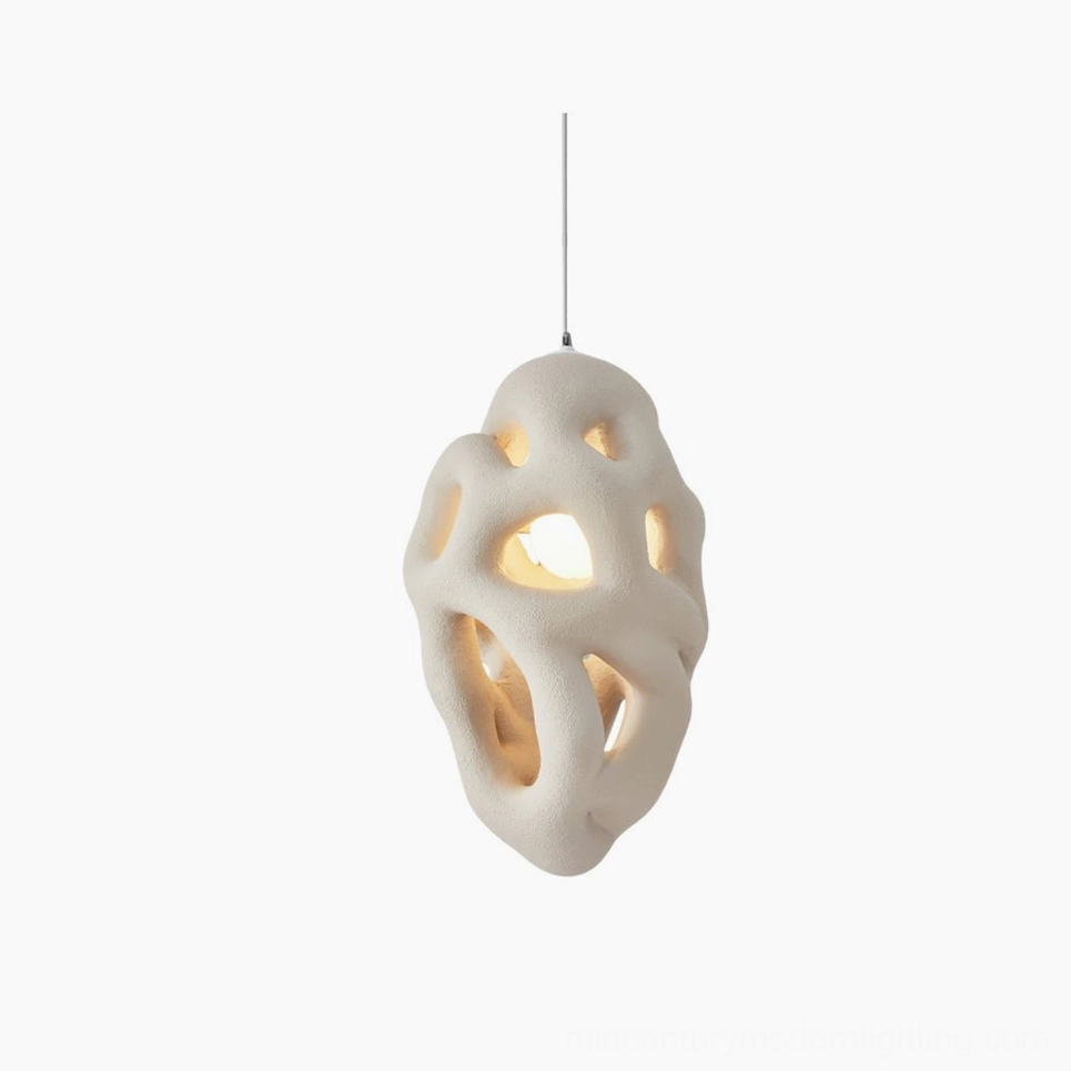 Organic nest pendant lamp with sculptural porous design, white matte finish, minimalist modern lighting fixture